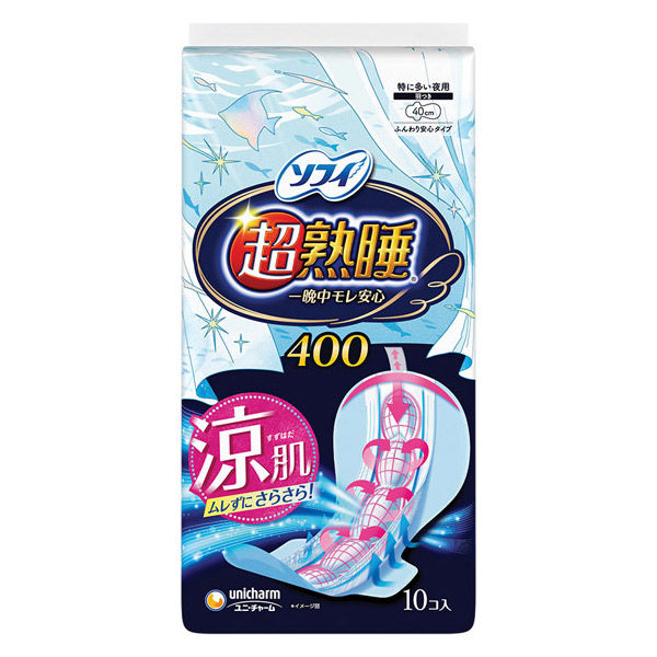 【アウトレット品】ソフィ 超熟睡ガード 涼肌400 特に多い夜用・羽つき40cm・10コ入