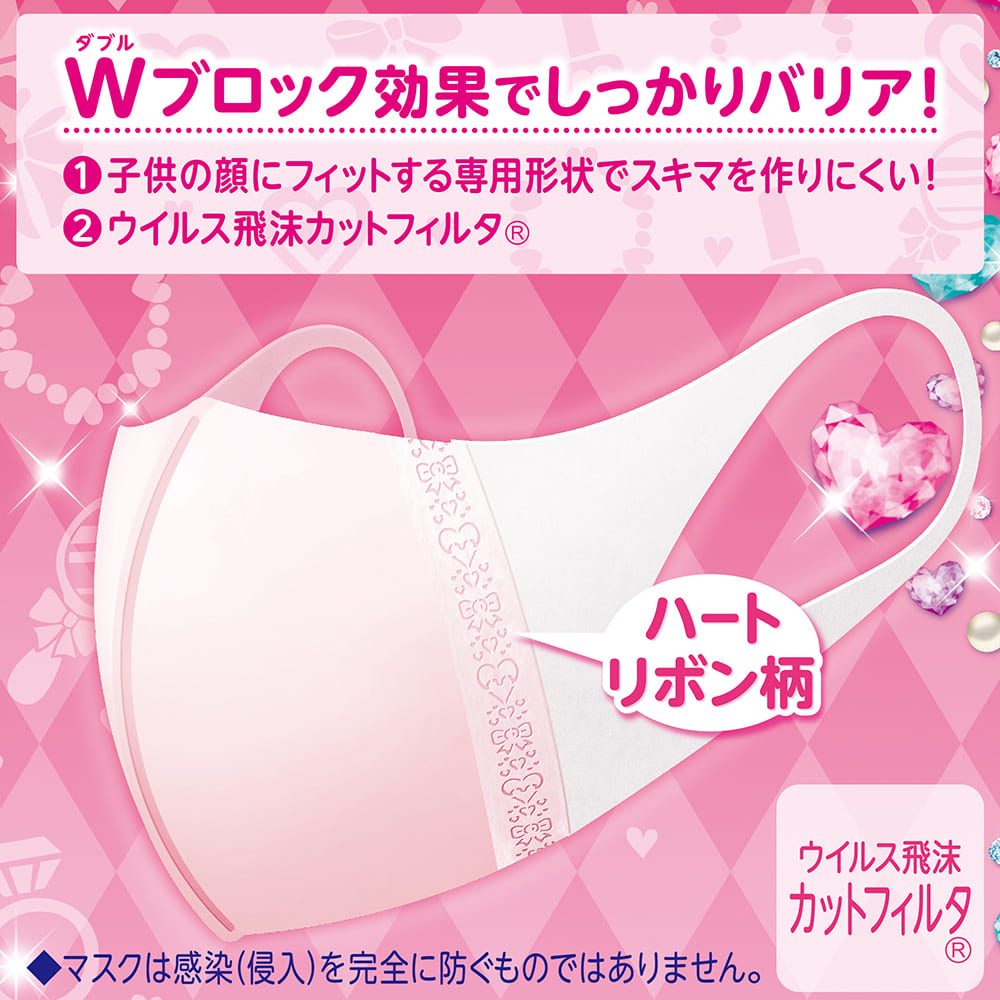 【アウトレット品】超立体マスク こども用 女の子向け ピンク ハートリボン柄 5枚入